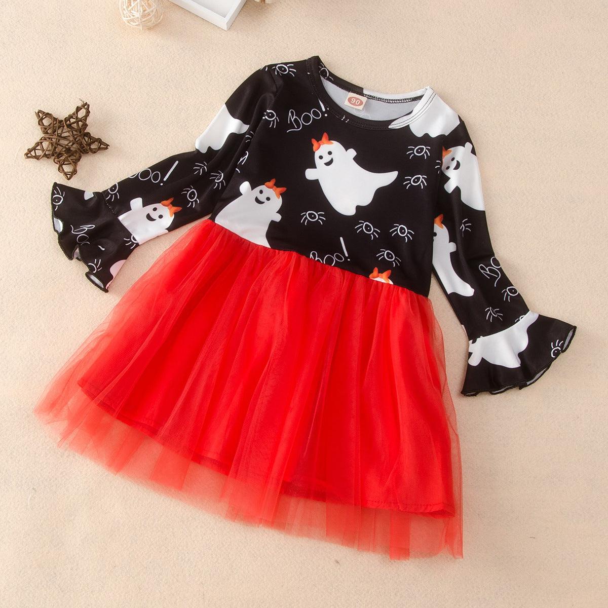 Toddler kids girls' Halloween ghost print round-neck long-sleeved mesh dress - PrettyKid