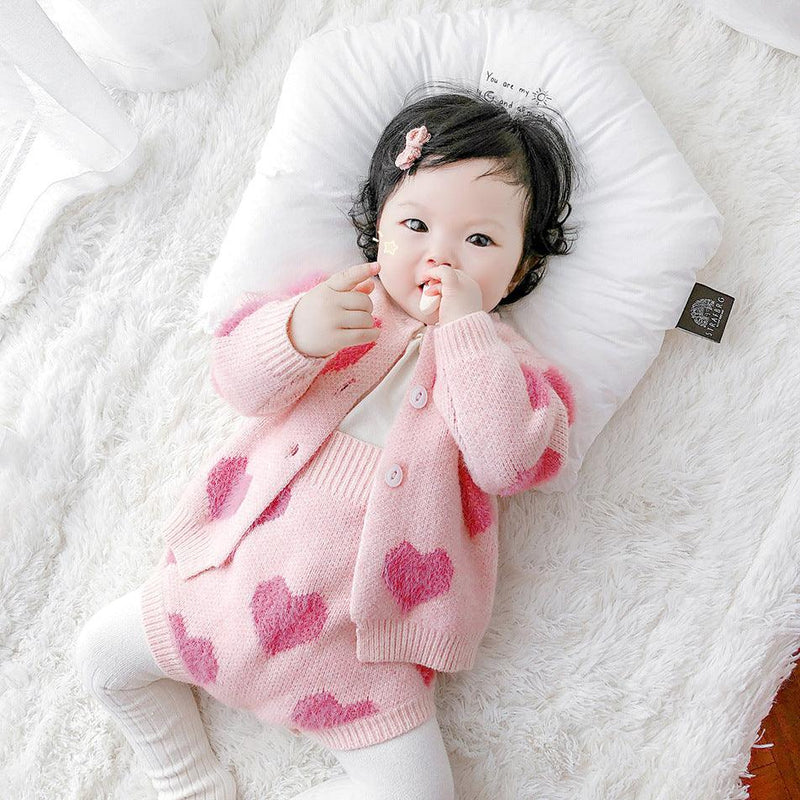 Baby Girls' Love Jacquard Coat Shoulder Strap Triangle Creeper Sweater Two-piece Set - PrettyKid