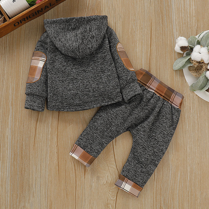 Children's Plush Solid Hooded Top Plaid Pants Set - PrettyKid