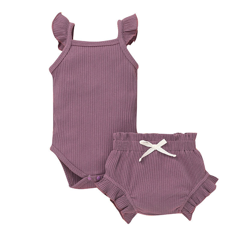 Baby Girl Solid Ribbed Bodysuit And Briefs Baby Outfit Sets - PrettyKid