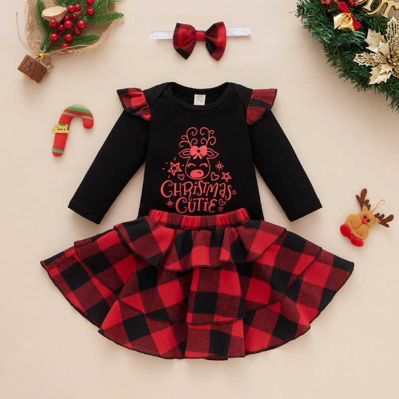 Christmas Elk Pattern Jumpsuit And Plaid With Headband Three Piece Baby Suit - PrettyKid
