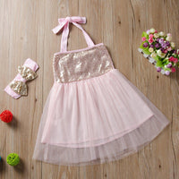 Toddler Girl Sequins Princess Dress Suspenders Tulle Dress & Headband - PrettyKid