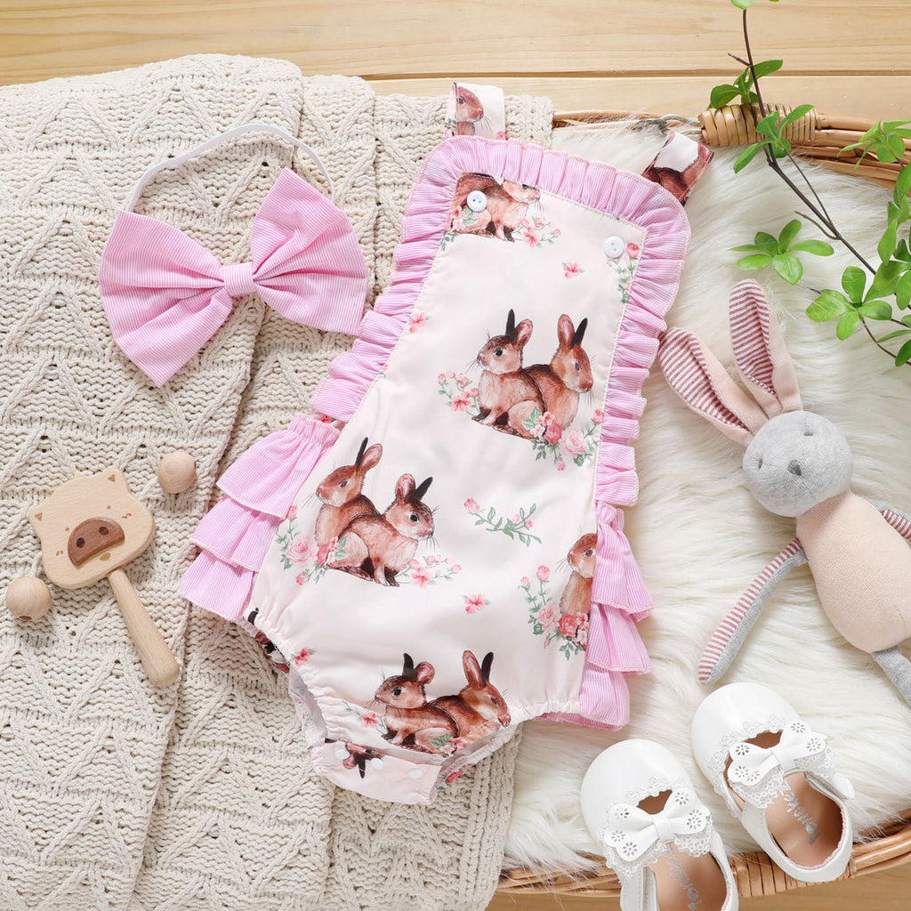 0-18M Baby Girls Bunny Print Ruffle Trim Bodysuit & Headband Wholesale Baby Onesies - PrettyKid