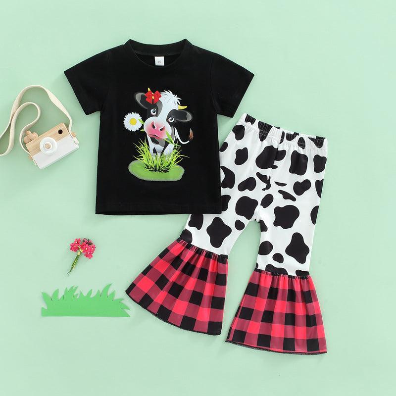 18M-6Y Toddler Girls Sets Cows Print T-Shirts & Plaid Bell Bottom Pants Wholesale Girls Fashion Clothes