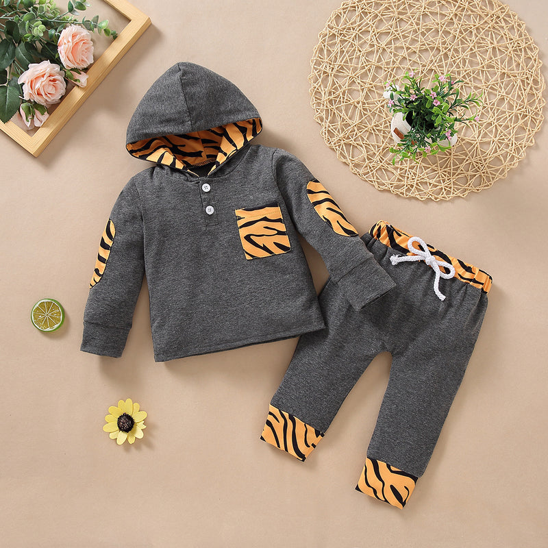 Toddler Boys Solid Leopard Long Sleeve Hoodie Set - PrettyKid