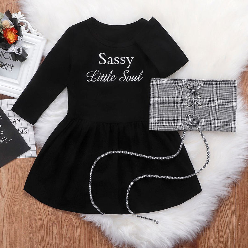 Toddler Kids Girls Solid Letter Print Dress Plaid Waist Suit - PrettyKid