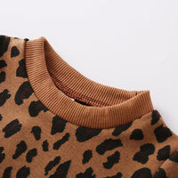 Toddler Kids Girls Pullover Brown Leopard Print Yarn Dyed Top Leather Zipper Skirt Two Piece Set - PrettyKid