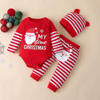 Baby Christmas Long Sleeve Jumpsuit Striped Pants Hat Set - PrettyKid