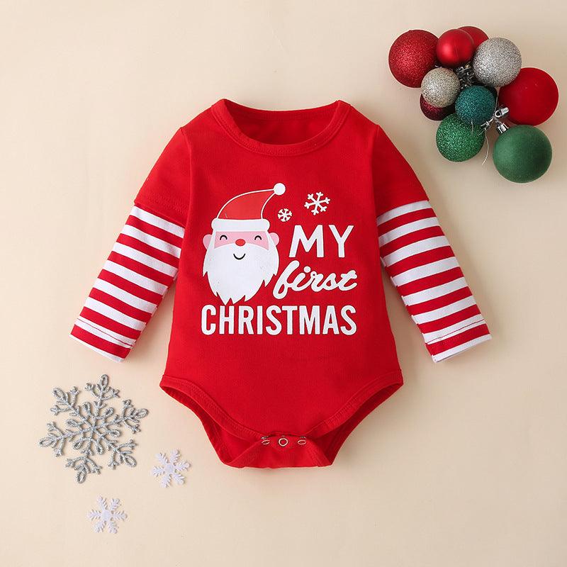 Baby Christmas Long Sleeve Jumpsuit Striped Pants Hat Set - PrettyKid