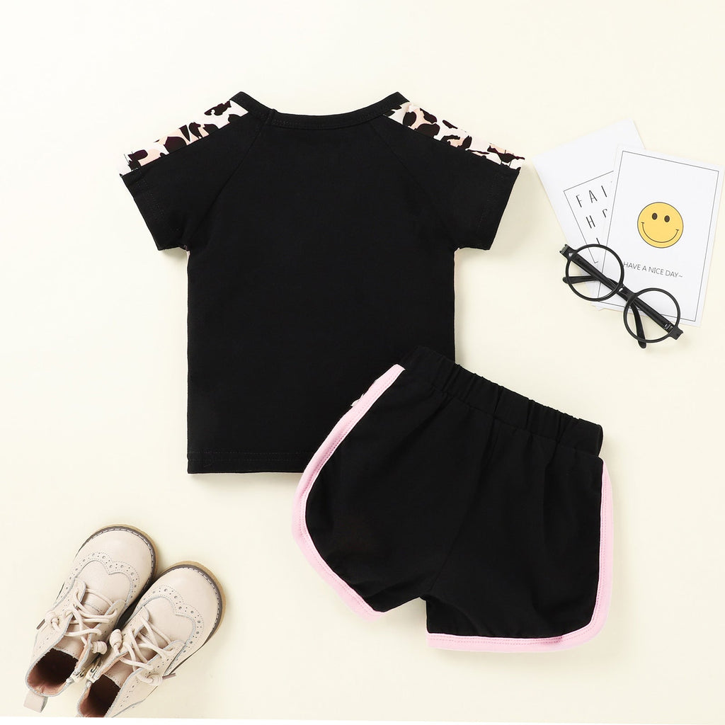 Baby Girl Colorblock Leopard Print T-Shirt And Shorts Baby Outfit Sets - PrettyKid