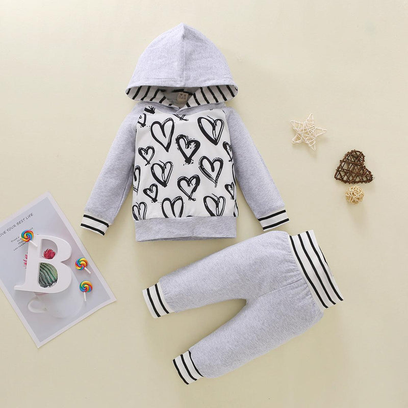 Toddler Kids Solid Color Cartoon Love Print Hoodie Suit - PrettyKid