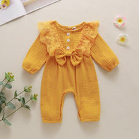 Baby Girls Cotton Solid Color Long Sleeve Button Jumpsuit - PrettyKid