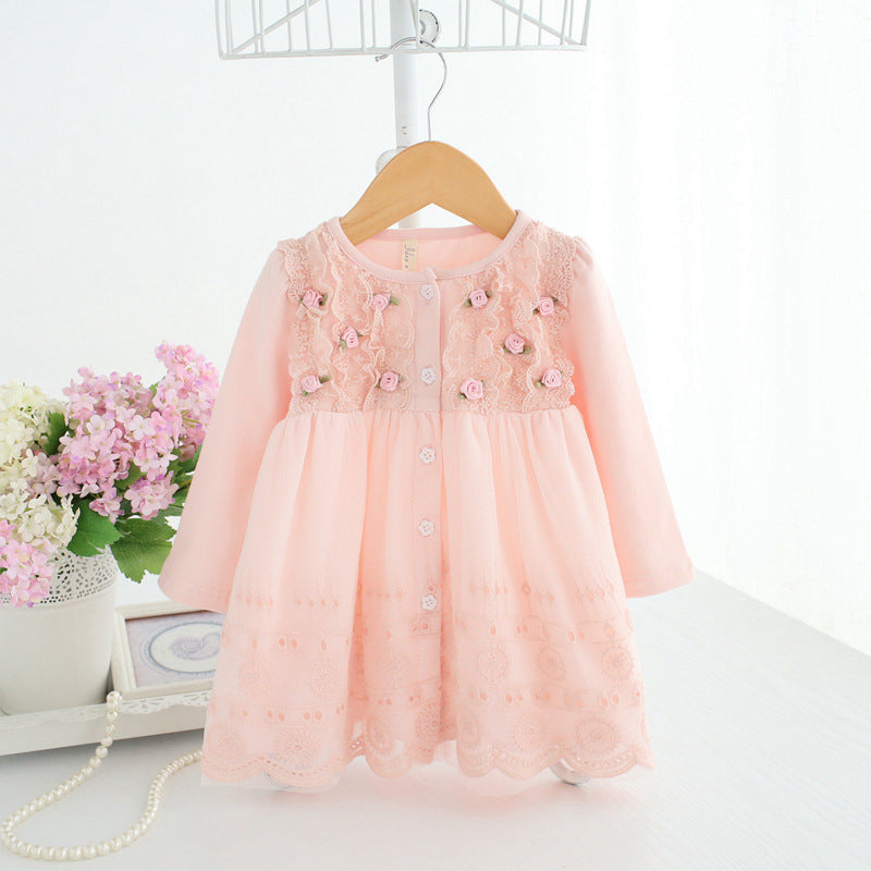 Baby Girl Long Sleeve Rose Mesh Lace Dress Baby Girl Princess Dress - PrettyKid