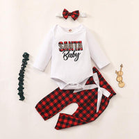 Baby Christmas Suit Letter Printed Jumpsuit Plaid Pants Bow Three Piece Set - PrettyKid