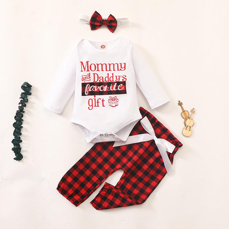 Baby Christmas Suit Letter Printed Jumpsuit Plaid Pants Bow Three Piece Set - PrettyKid