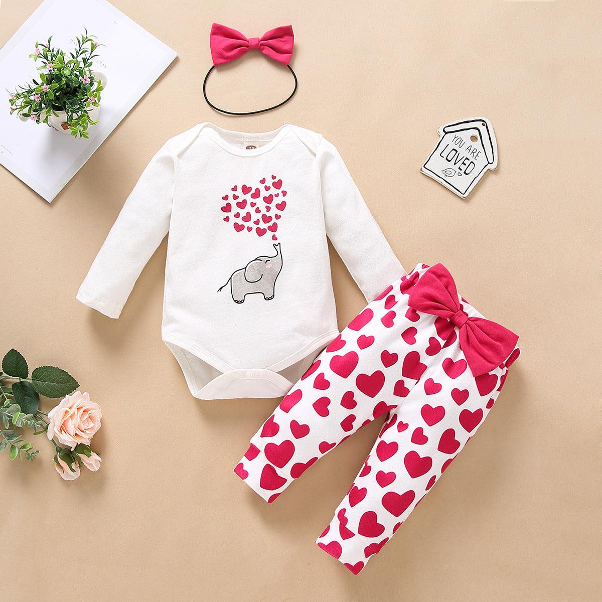 Baby Girl Cartoon Elephant Solid Color Top Love Printed Pants Set - PrettyKid