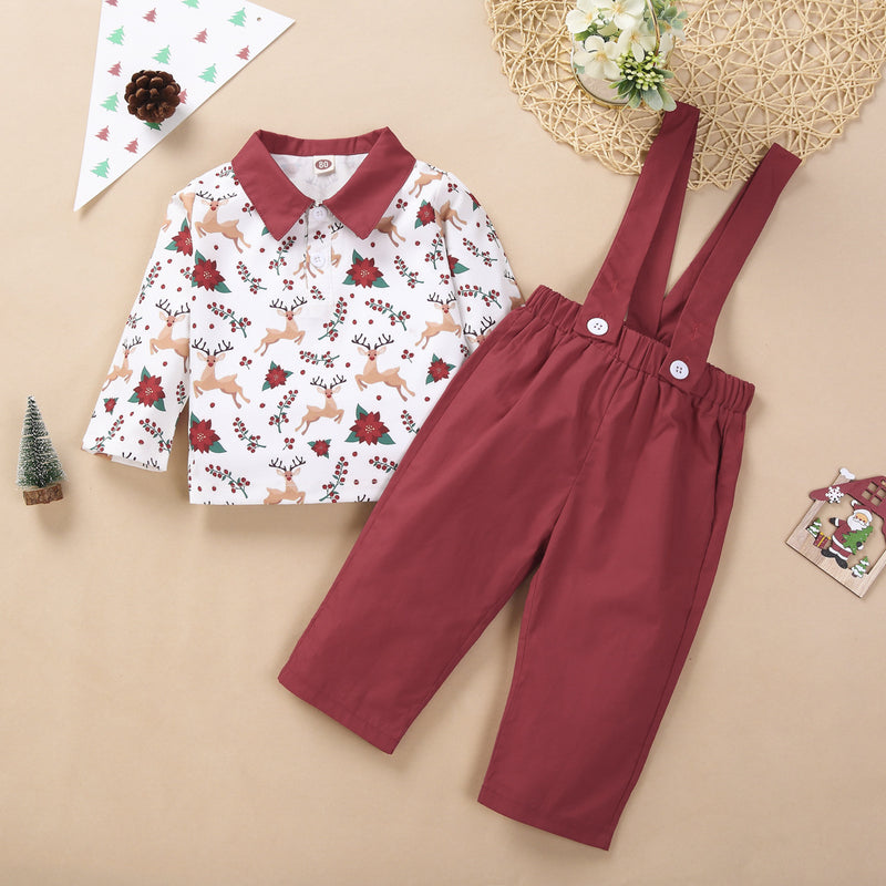 Toddler Boys Long Sleeve Christmas Printed Shirt Solid Color Suspender Pants Set - PrettyKid