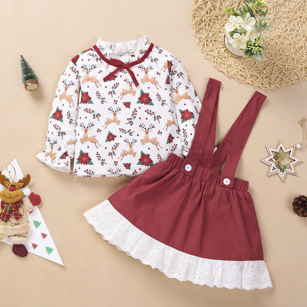 Toddler Girls Long Sleeve Christmas Printed Top Solid Color Suspender Skirt Set - PrettyKid