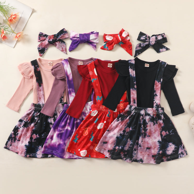 Toddler Girls Solid Color Knit Short-sleeved Top Floral Print Straps Skirt Set - PrettyKid