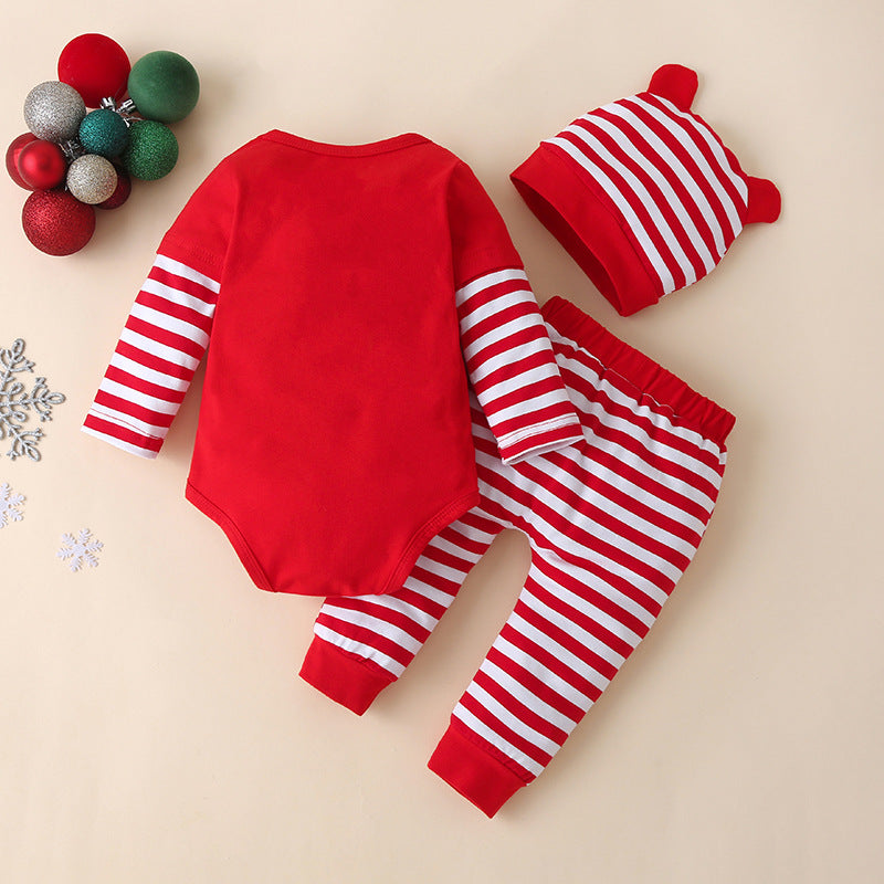 Baby Christmas Long Sleeve Jumpsuit Striped Pants Hat Set - PrettyKid