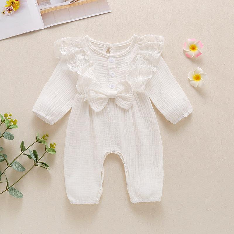 Baby Girls Cotton Solid Color Long Sleeve Button Jumpsuit - PrettyKid