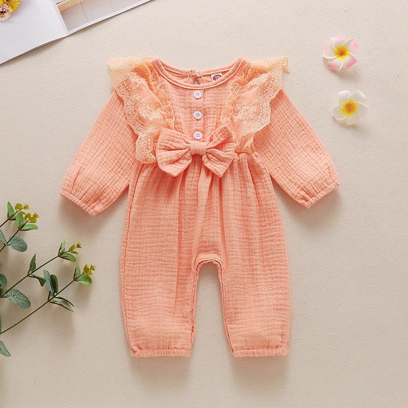 Baby Girls Cotton Solid Color Long Sleeve Button Jumpsuit - PrettyKid