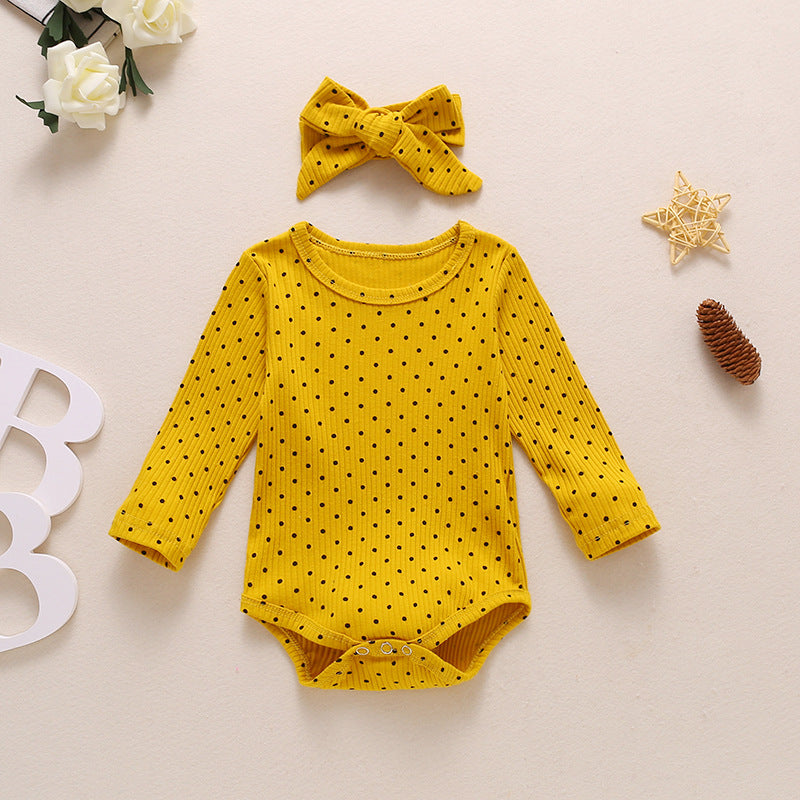 Baby Girls Blue White Yellow Dot Printed Long Sleeve Jumpsuit Hair Accessories 2PCS - PrettyKid