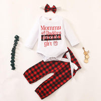 Baby Christmas Suit Letter Printed Jumpsuit Plaid Pants Bow Three Piece Set - PrettyKid