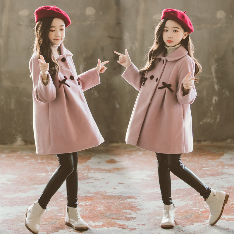 2022 Winter Girls' Thickened Woolen Coat Solid Doll Neck Medium Long Coat - PrettyKid