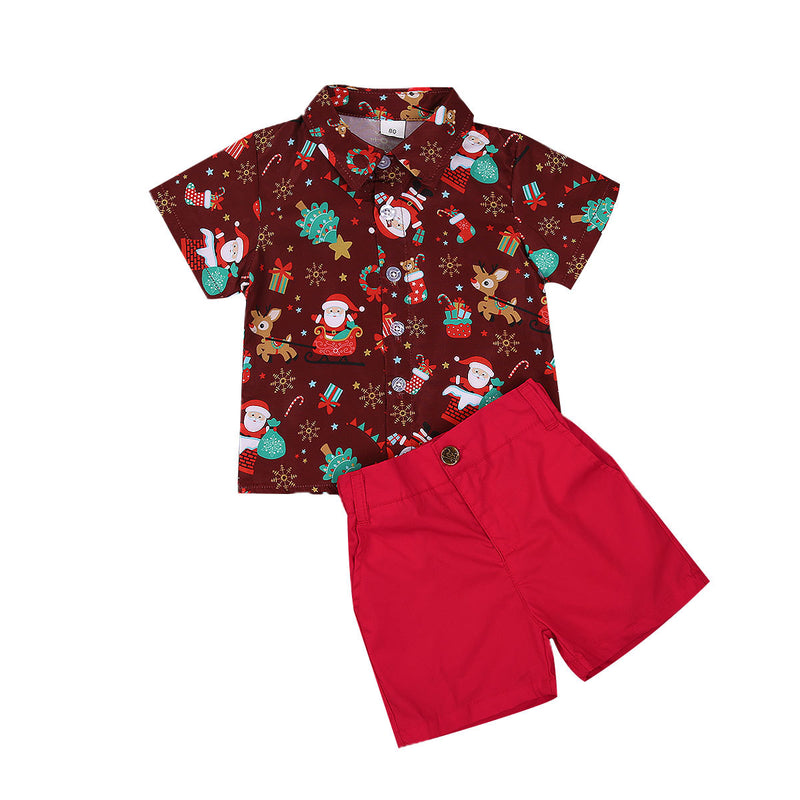 Toddler Kids Boys' Short Sleeve Christmas Printed Shirt Solid Shorts Christmas Suit - PrettyKid