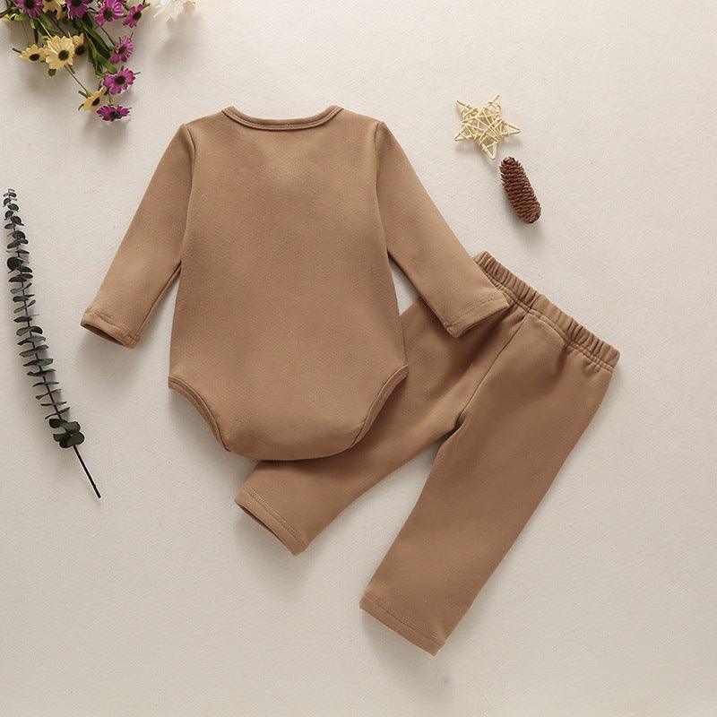 Baby Boys Girls Cotton Solid Color Diagonal Lace Up Long Sleeve Jumpsuit Suit - PrettyKid