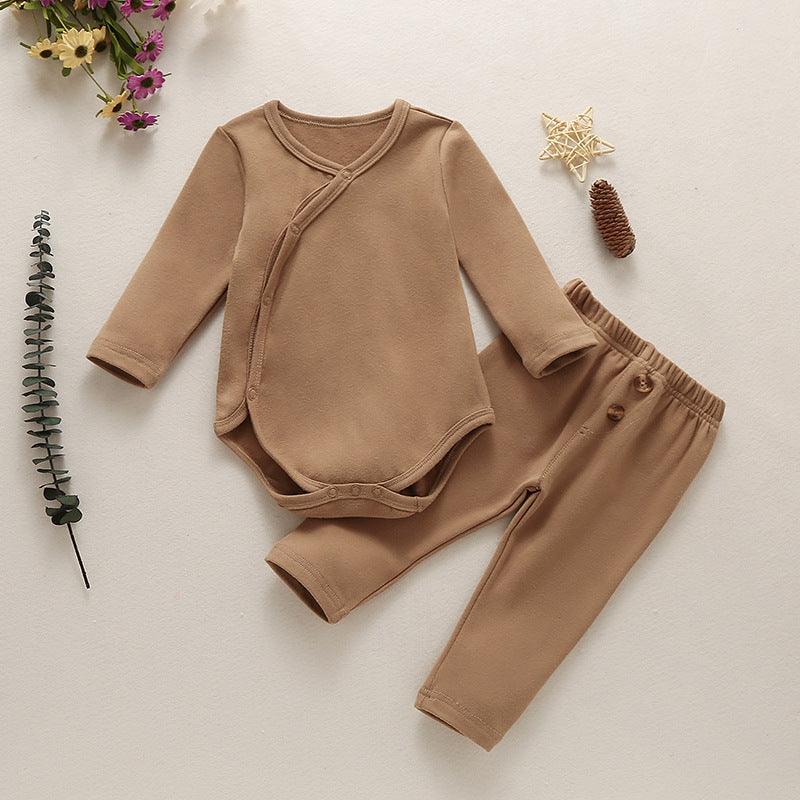 Baby Boys Girls Cotton Solid Color Diagonal Lace Up Long Sleeve Jumpsuit Suit - PrettyKid