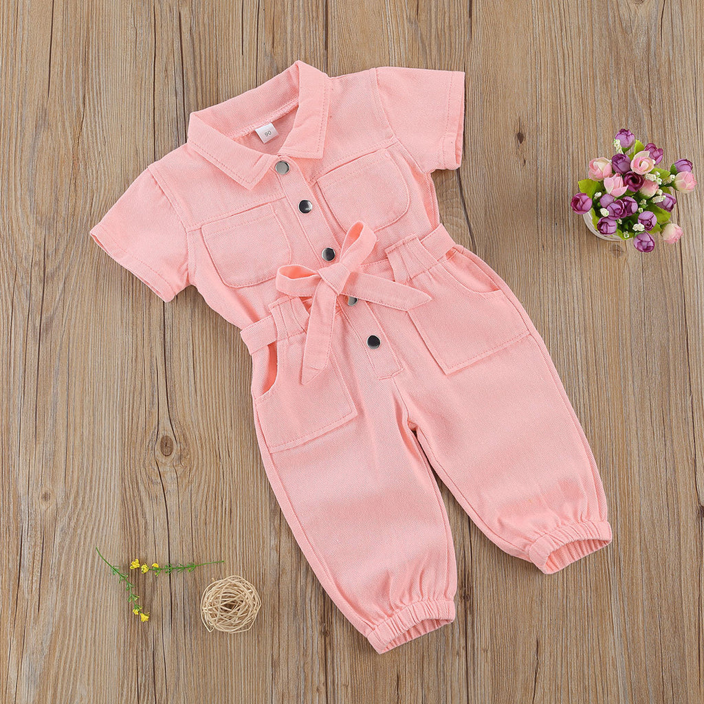 Toddler Kids Girls' Pink Lapel Waistband Jumpsuit - PrettyKid