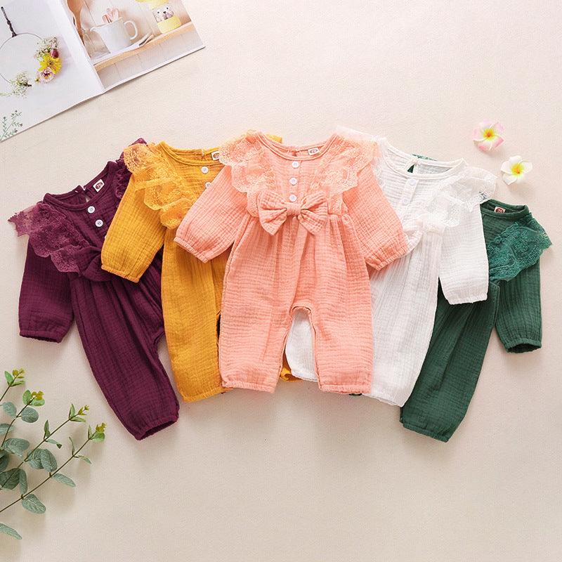 Baby Girls Cotton Solid Color Long Sleeve Button Jumpsuit - PrettyKid