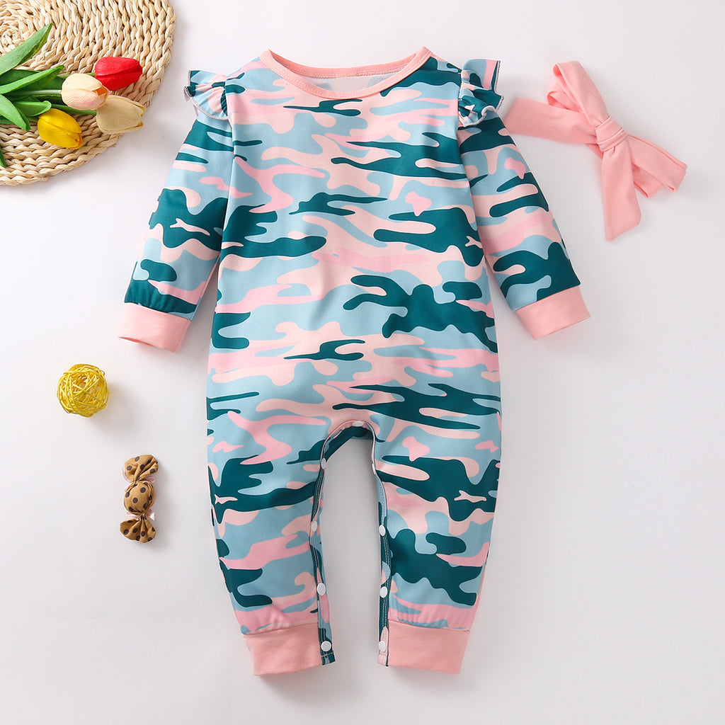 Baby Girls Long Sleeve Camouflage Jumpsuit and Headband Set - PrettyKid