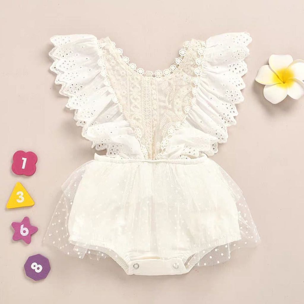 Baby Girls Summer Solid Sleeveless Lace Mesh Patchwork Jumpsuit Romper - PrettyKid