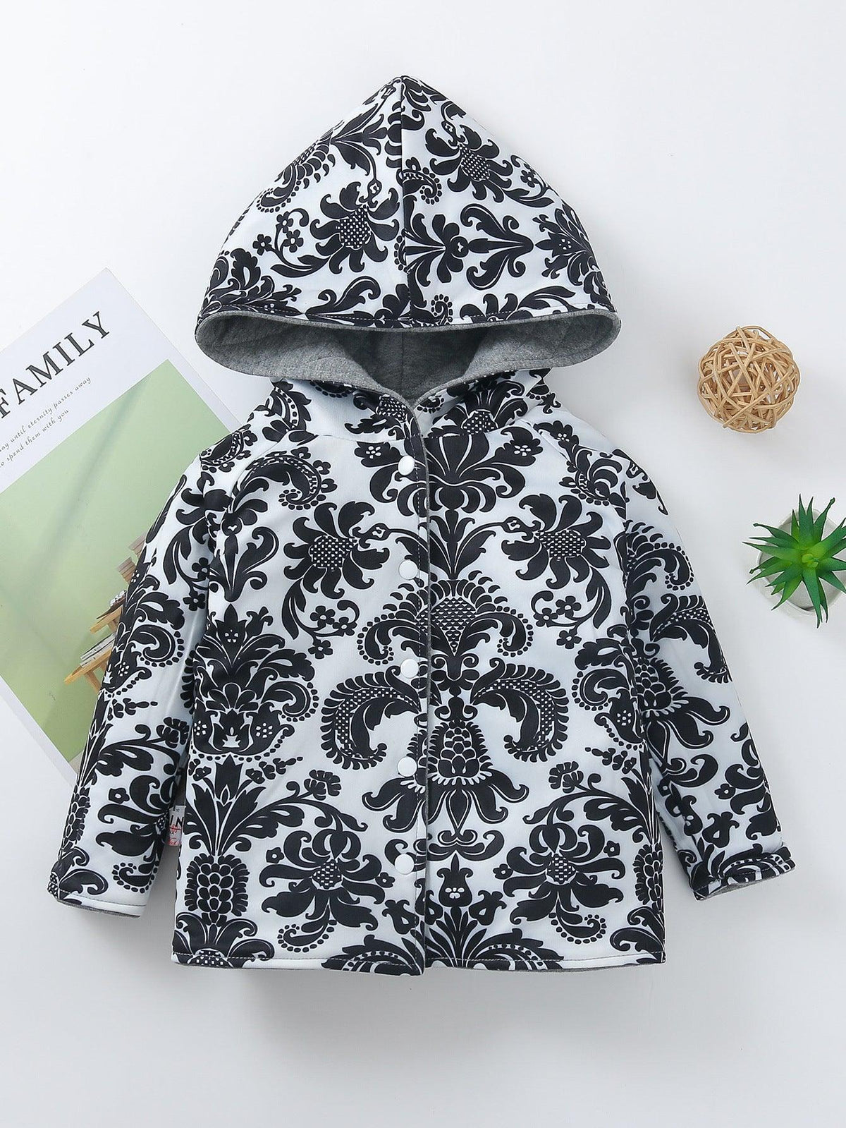 Toddler Boys Girls Solid Color Hooded Print Double-sided Hooded Button Cardigan Coat - PrettyKid