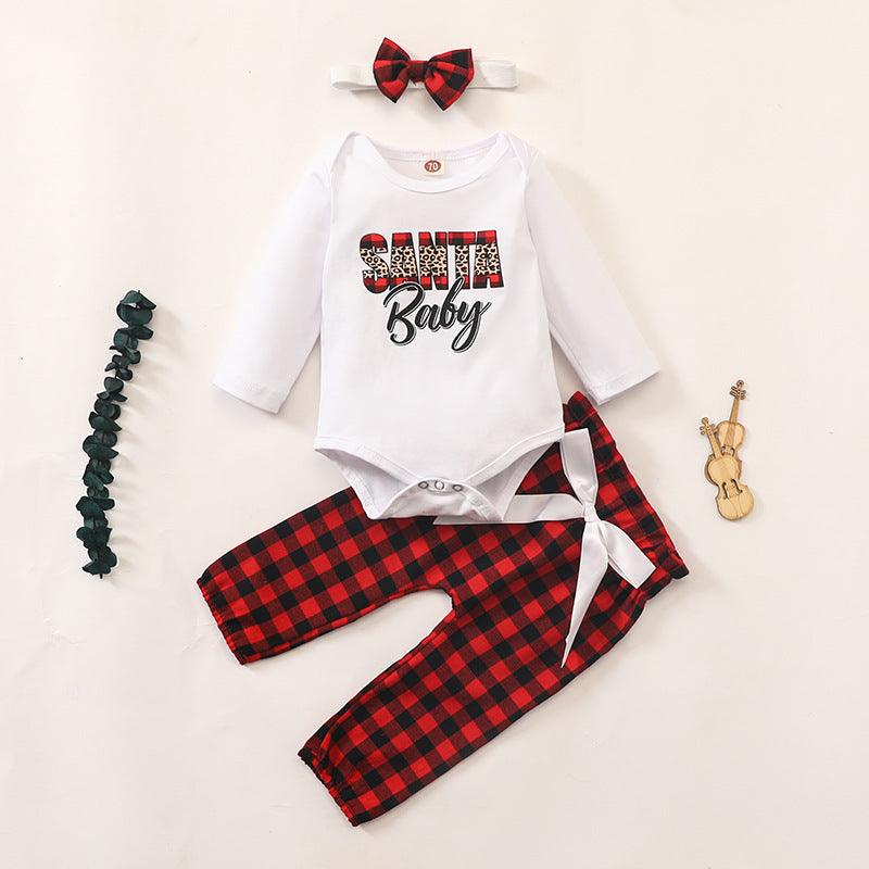 Baby Christmas Suit Letter Printed Jumpsuit Plaid Pants Bow Three Piece Set - PrettyKid