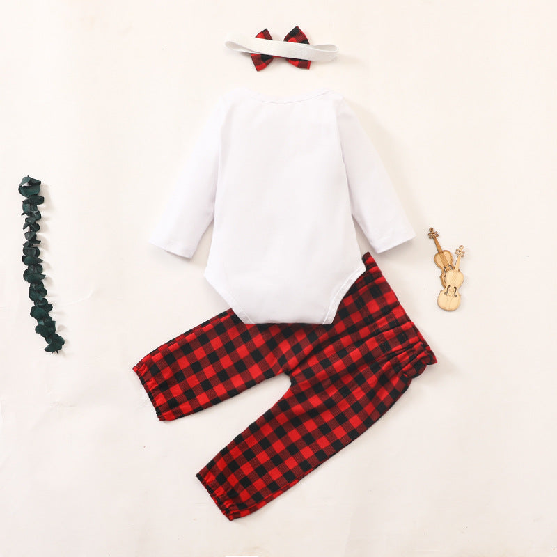 Baby Christmas Suit Letter Printed Jumpsuit Plaid Pants Bow Three Piece Set - PrettyKid