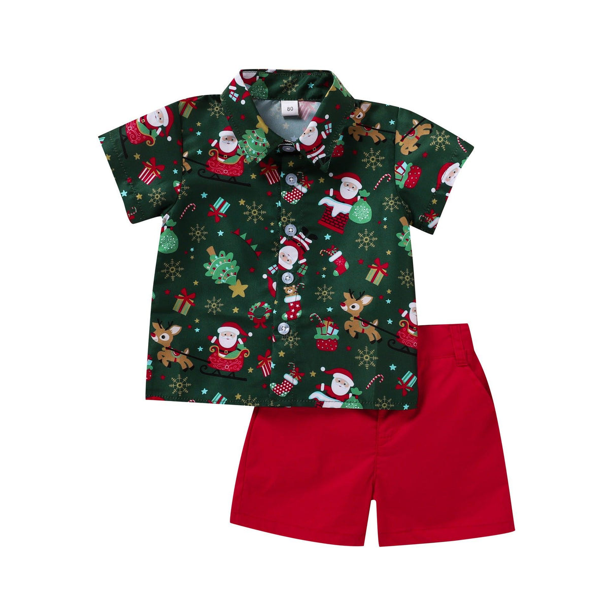 Toddler Kids Boys' Short Sleeve Christmas Printed Shirt Solid Shorts Christmas Suit - PrettyKid