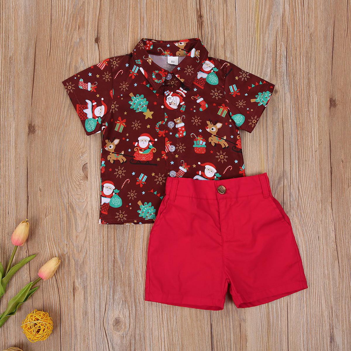 Toddler Kids Boys' Short Sleeve Christmas Printed Shirt Solid Shorts Christmas Suit - PrettyKid