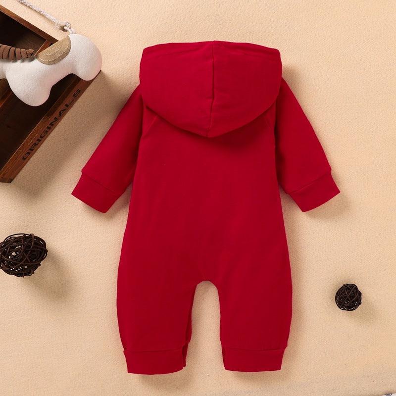 Toddler Spring and Autumn Red Hooded Jumpsuit Long Sleeve Crawling Suit - PrettyKid