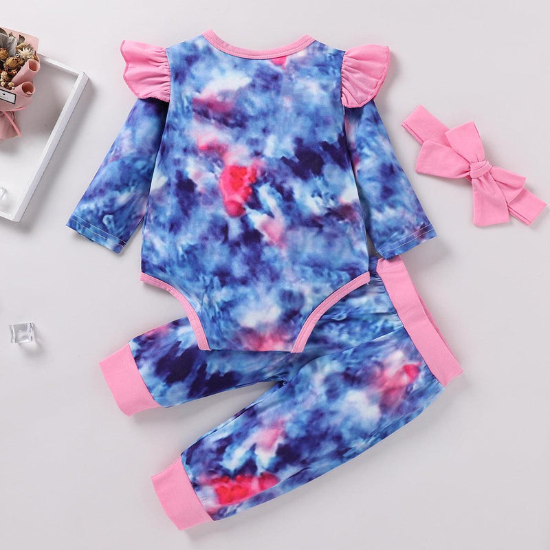 Toddler girls' blue tie dyed long-sleeved jumpsuit 3-piece set - PrettyKid