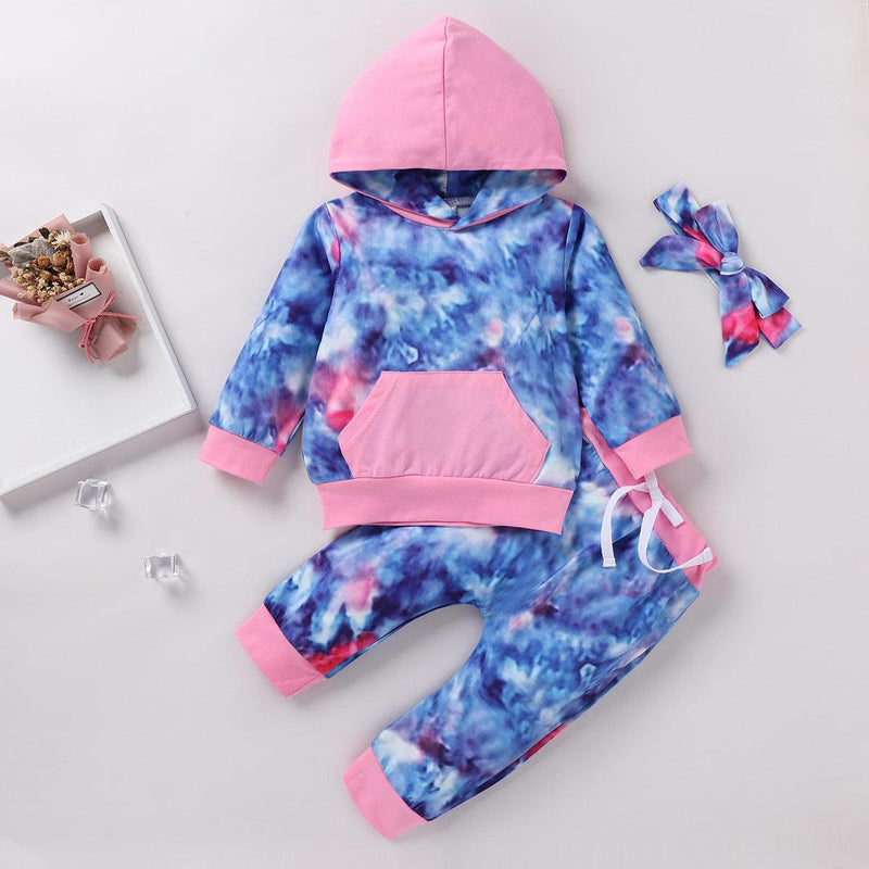 Toddler kids' tie-dyed long sleeve hooded sweater set 3-piece leisure suit - PrettyKid