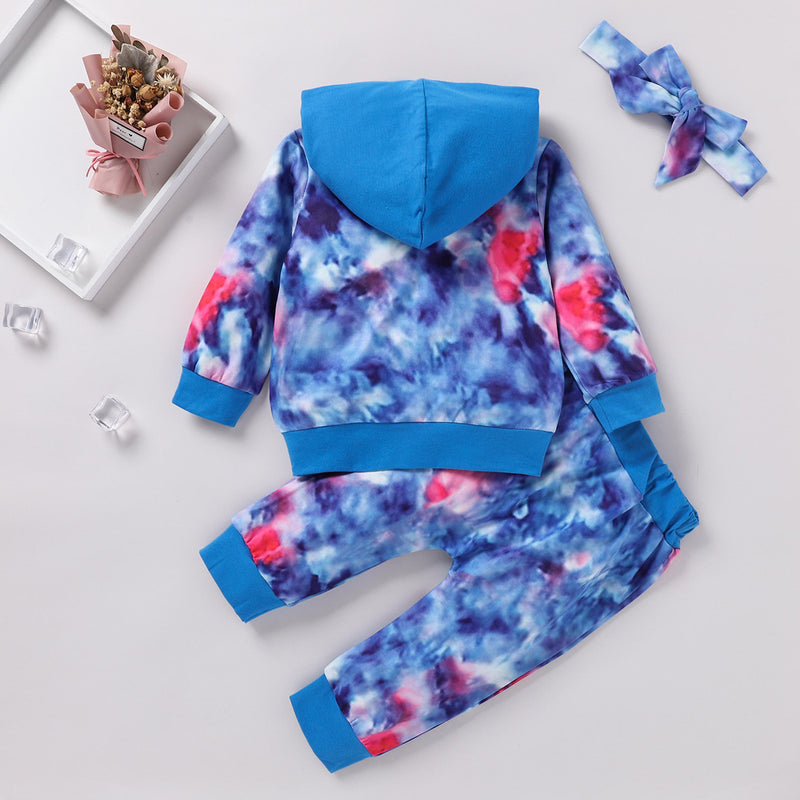 Toddler kids' tie-dyed long sleeve hooded sweater set 3-piece leisure suit - PrettyKid