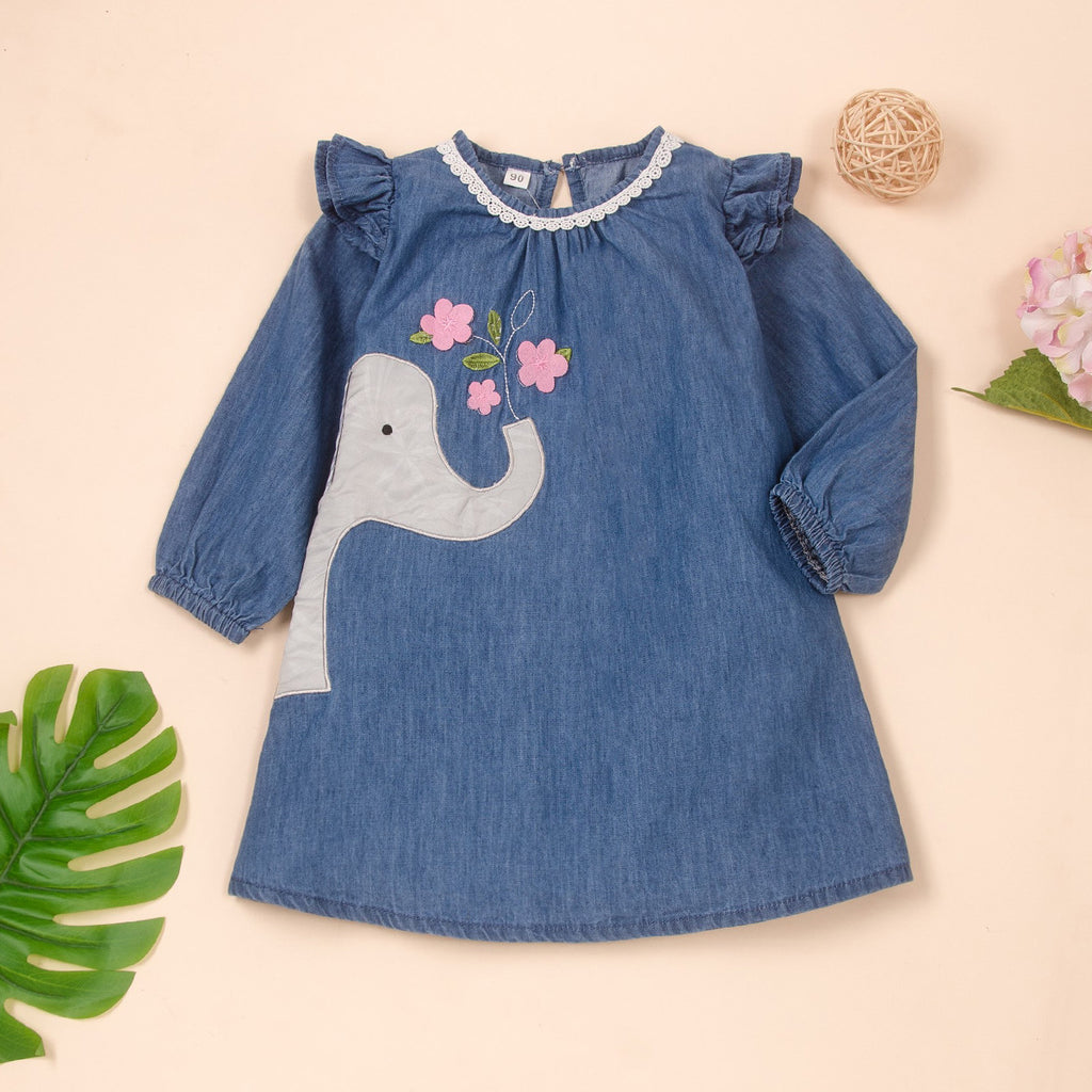 Toddler girls' long sleeve cartoon elephant print denim dress - PrettyKid
