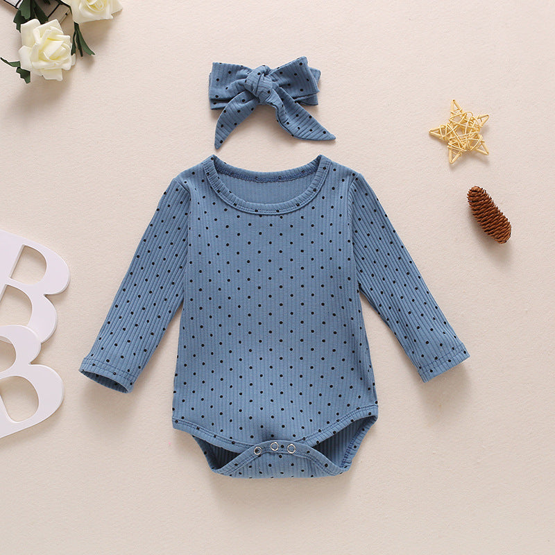 Baby Girls Blue White Yellow Dot Printed Long Sleeve Jumpsuit Hair Accessories 2PCS - PrettyKid