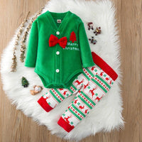 Baby Boys Solid Color Bow Tie Jumpsuit Christmas Print Set - PrettyKid