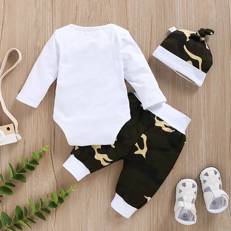 Baby Boys Solid Color Letter Print Jumpsuit Camouflage Pants Hat Set - PrettyKid