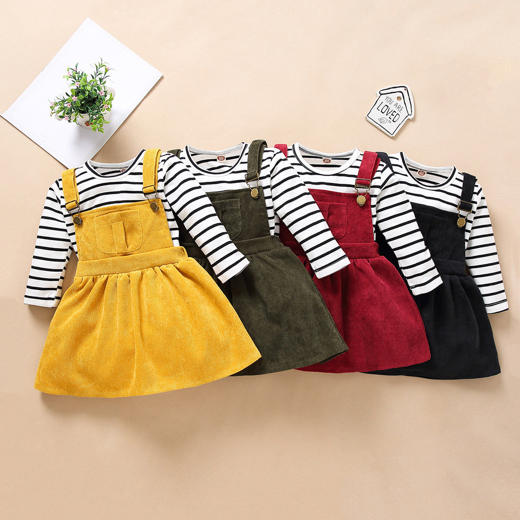 Autumn Winter Girls Stripe Long Sleeve Corduroy Strap Skirt Set - PrettyKid